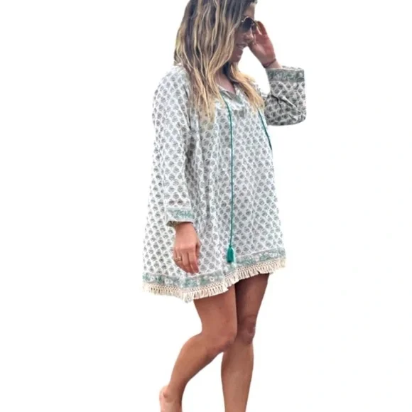 Sur La Vague Lauren Tunic Coverup Kaftan Dress with Fringe detailing - Picture 4 of 5